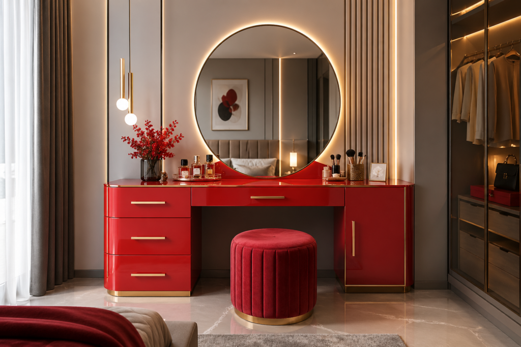 Luxury modern dressing table in Vodafone red finish with round mirror and storage drawers