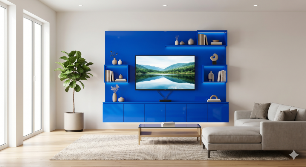 A modern living room featuring a 6.5-foot wide, wall-mounted entertainment center in a vibrant electric blue finish with cabinets and shelves, with a grey sectional sofa and potted plant.