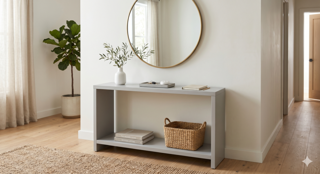 A styled modern light grey entryway console table with a round brass mirror above it, a vase with olive branches, a key tray, and a lower shelf holding a woven basket and books.