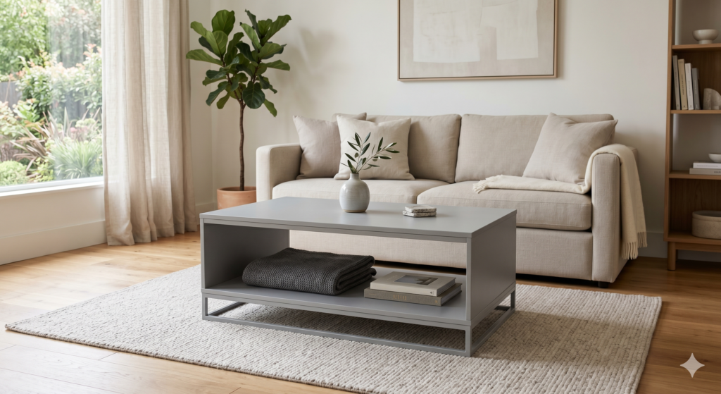 Minimalist 3 by 2 feet rectangular coffee table with a fluorescent grey sunmica finish and an open storage shelf in a bright, contemporary living room.