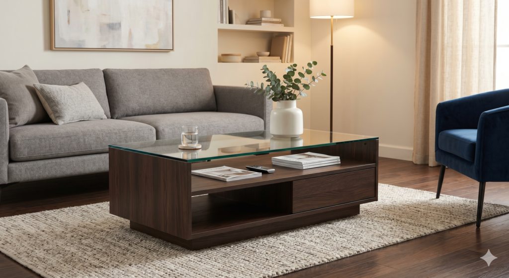 Modern 3.5 by 2 feet coffee table with a clear glass top, built-in storage, and a dark wenge sunmica finish in an elegant living room.