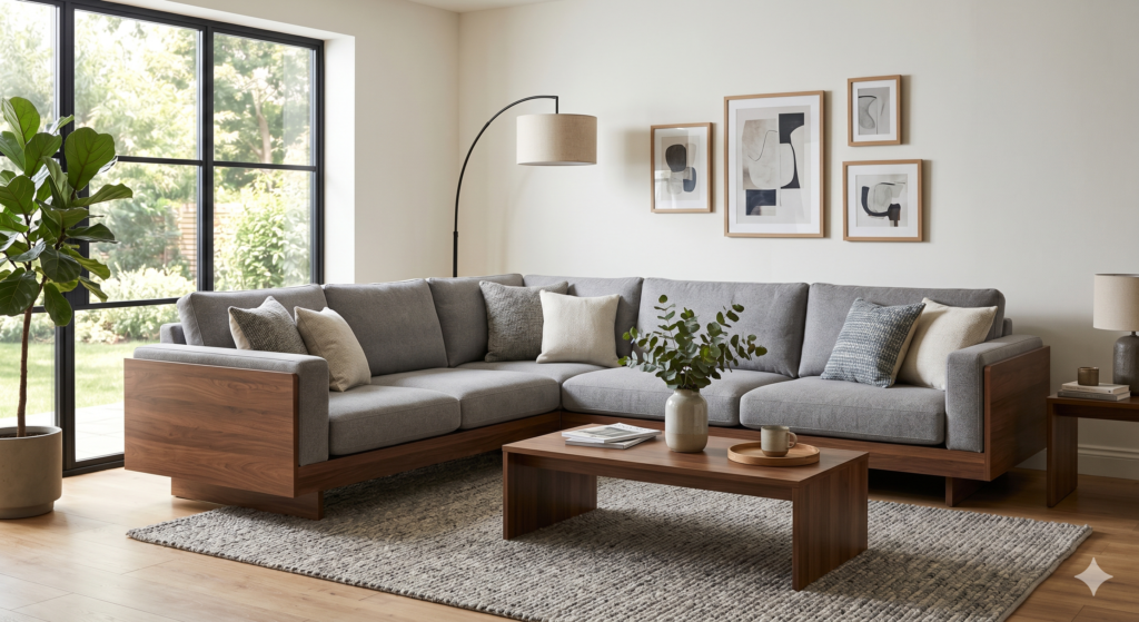 Modern L-shape sofa set measuring 8x6 feet with matte walnut brown sunmica panels and soft grey fabric cushions in a contemporary living room.