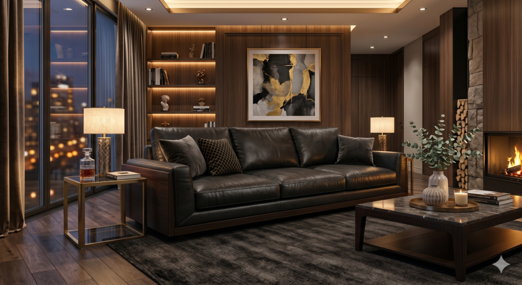 Modern 7-foot luxury sofa set with black leather cushions and a dark wenge color base in an elegant living room with warm lighting.