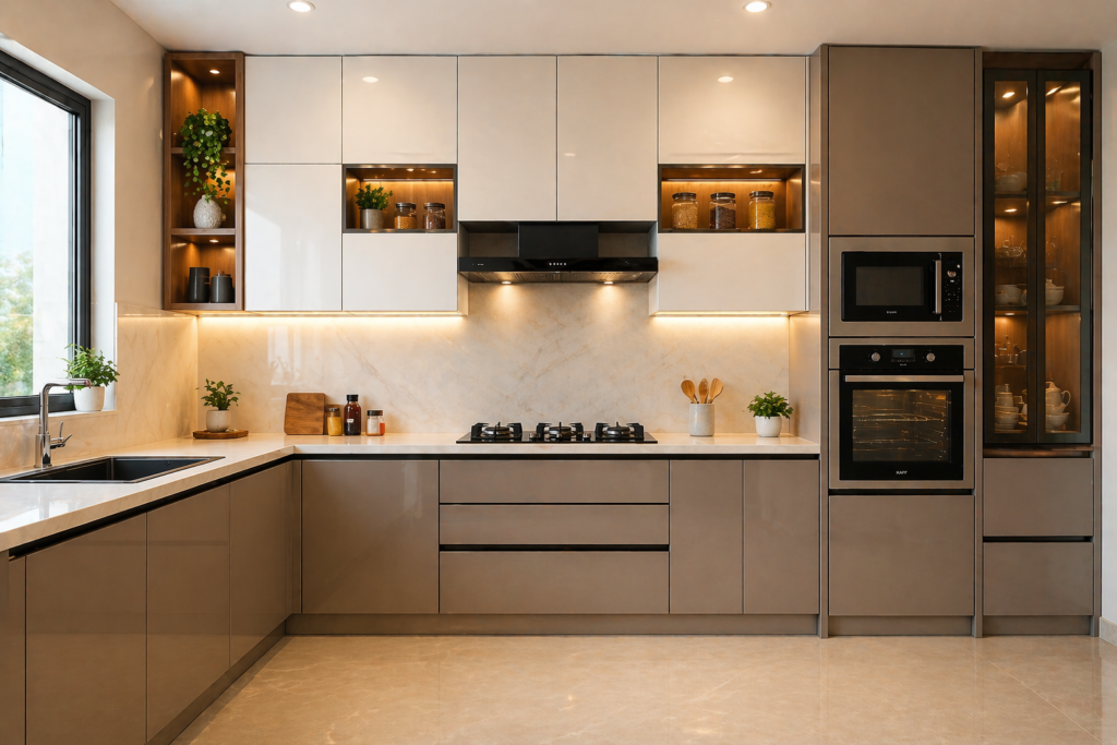 Modern L-shape modular kitchen with beige cabinets and built-in appliances in a contemporary home