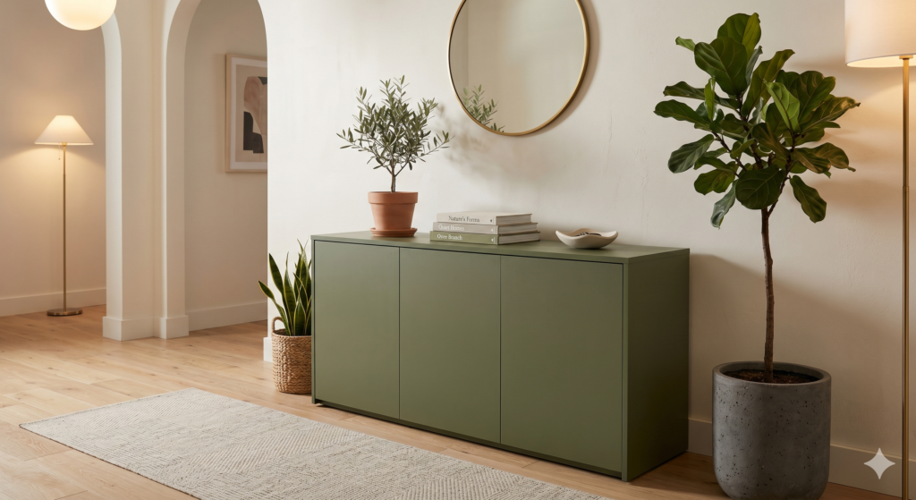 A styled entryway with a matte olive green console cabinet, an olive tree in a terracotta pot, a round mirror, and a fiddle leaf fig plant in a concrete planter under warm lighting.