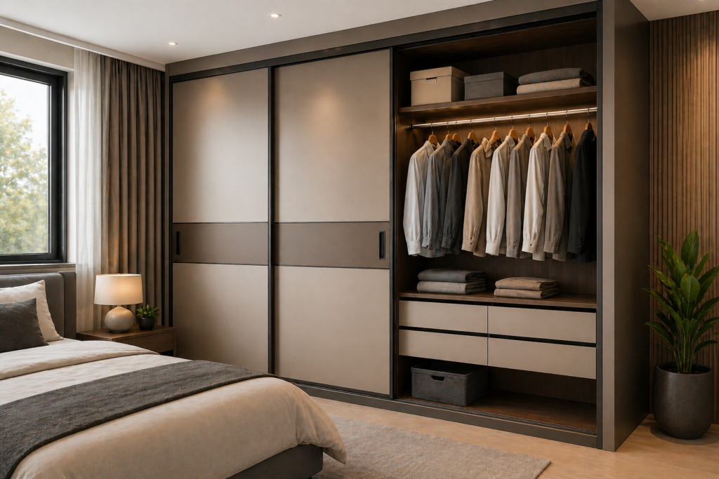 Modern sliding wardrobe in bedroom with storage drawers and hanging space