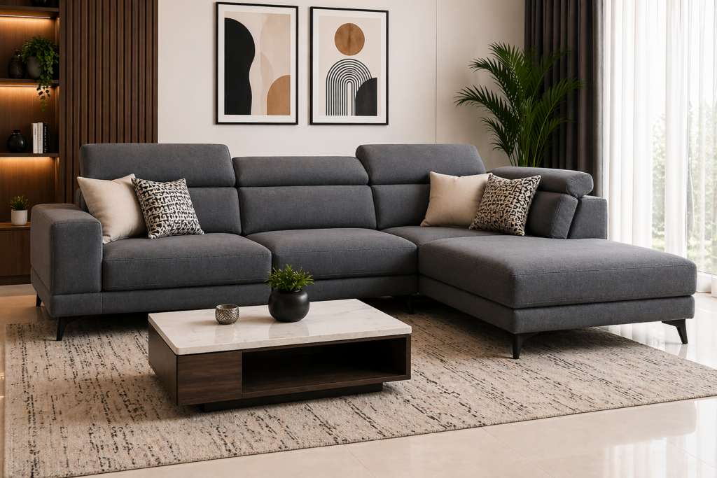 Modern grey L-shape sofa set in a stylish Mumbai living room with comfortable seating