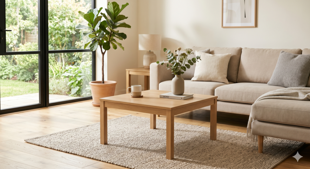 Compact 2.5 by 2 feet square coffee table with a light oak finish, placed in a bright, modern living room with a beige sofa.