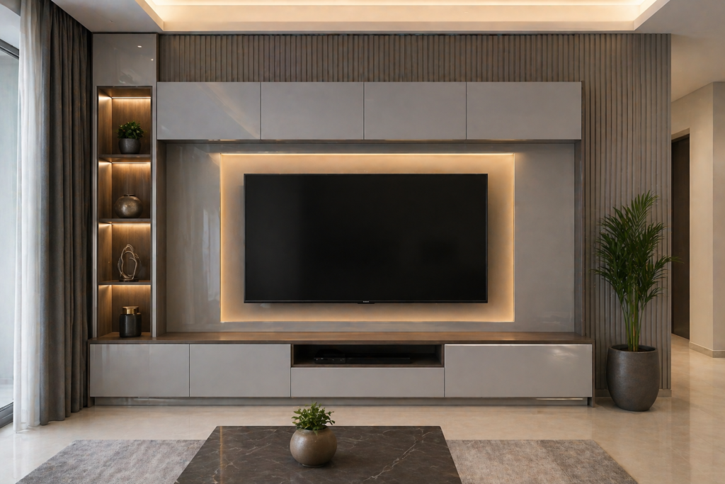Modern TV unit in sunmica fluorescent grey finish with wall panel and storage cabinets in living room
