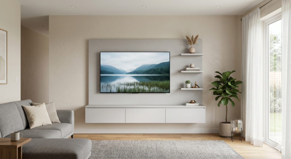 A modern, wall-mounted 6ft-wide TV unit with a sleek grey Sunmica finish, featuring a floating cabinet and three open display shelves in a minimalist living room.