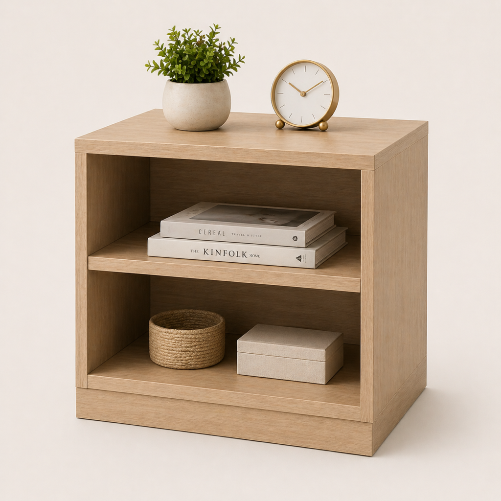 Modern open shelf bedside table in sunmica sandle wood finish with minimalist design