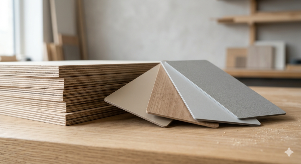 A close-up view of stacked plywood boards next to laminate swatches in neutral colors like beige, wood grain, and grey, resting on a wooden workbench.