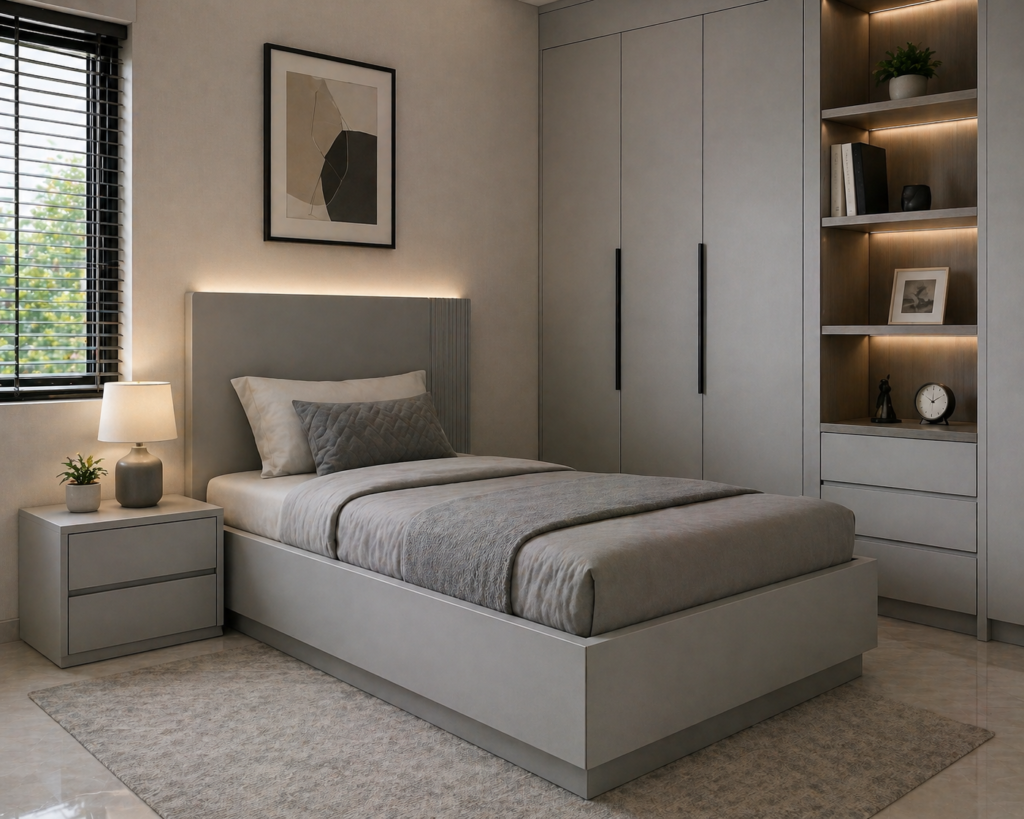 Modern single bed with frost grey sunmica finish and compact design for bedroom