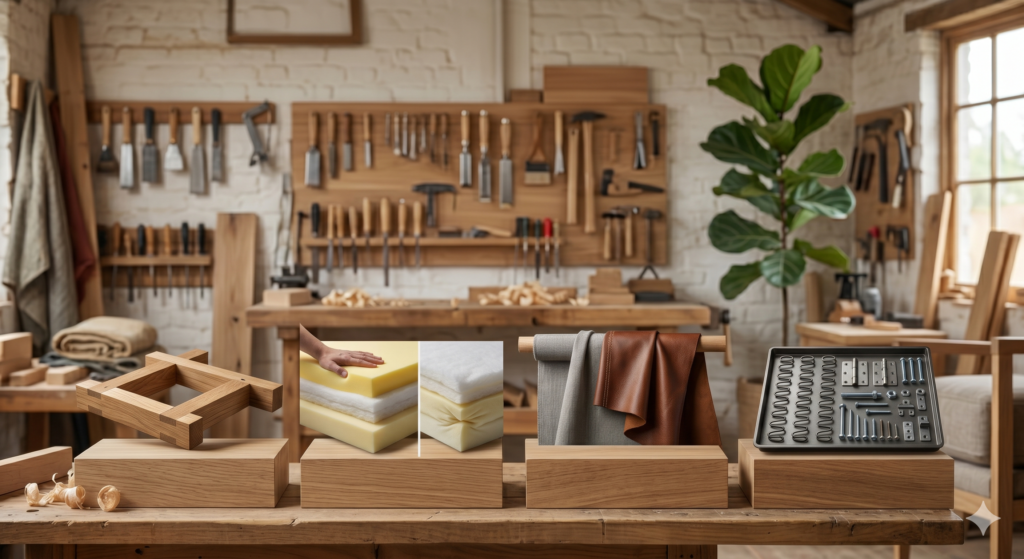 Four essential furniture making materials displayed side-by-side on a workbench: a solid wooden frame, layered foam cushioning, fabric and leather upholstery rolls, and metal hardware components.
