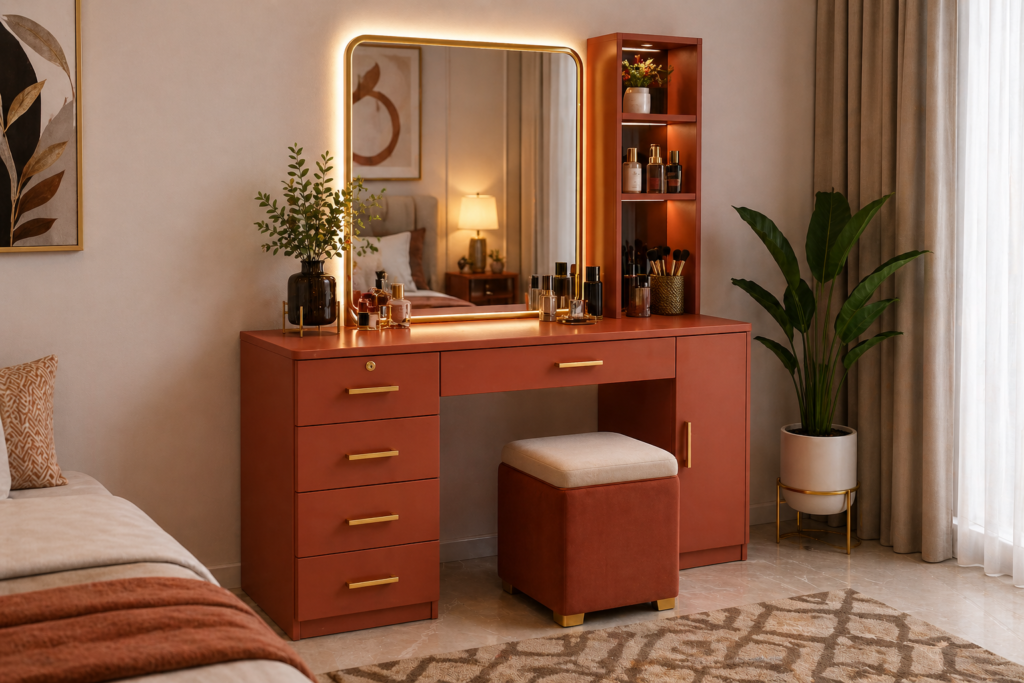 Budget storage drawer dressing table in rust gold finish with mirror and multiple drawers