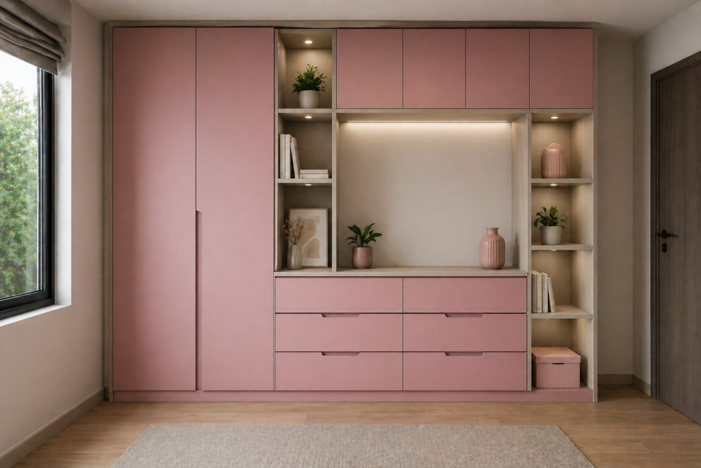 Modern storage furniture in pink sunmica finish with drawers and shelves for home organization