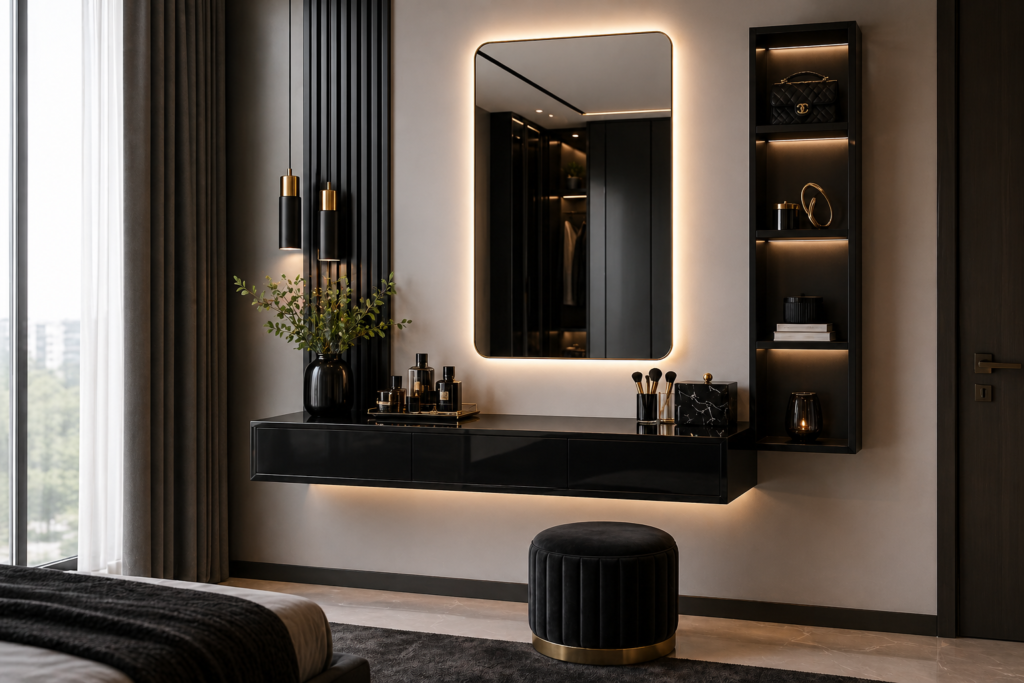 Modern black wall mounted dressing table with illuminated mirror and floating drawers