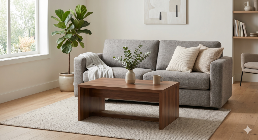 Modern rectangular 3 by 2 feet coffee table with a walnut brown sunmica finish, placed in front of a grey sofa in a naturally lit living room.