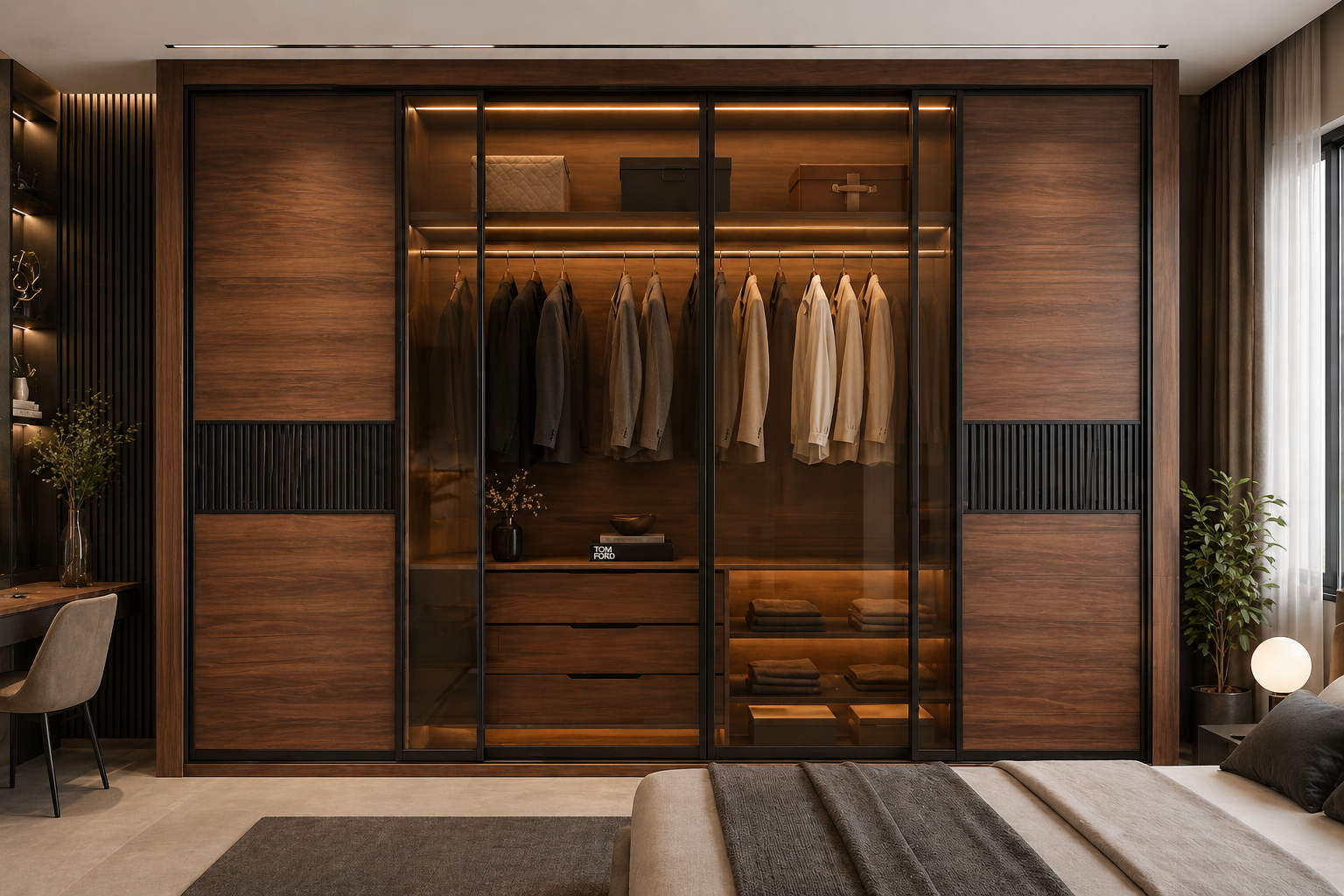 Modern walnut plywood sliding wardrobe with bronze glass doors and black frame in luxury bedroom interior