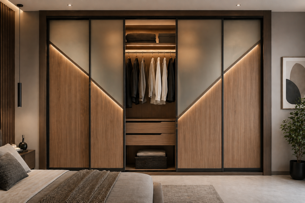 Modern sliding wardrobe with wooden and frosted glass doors featuring stylish V shape design in bedroom interior