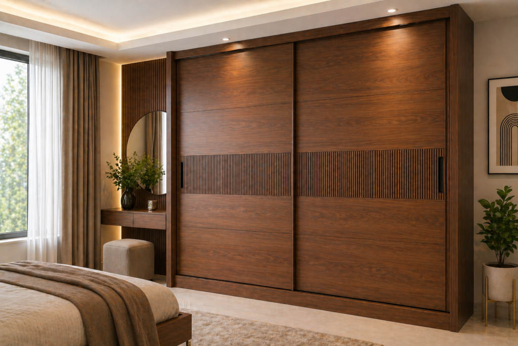 Modern wooden sliding wardrobe with luxury finish in stylish contemporary bedroom interior