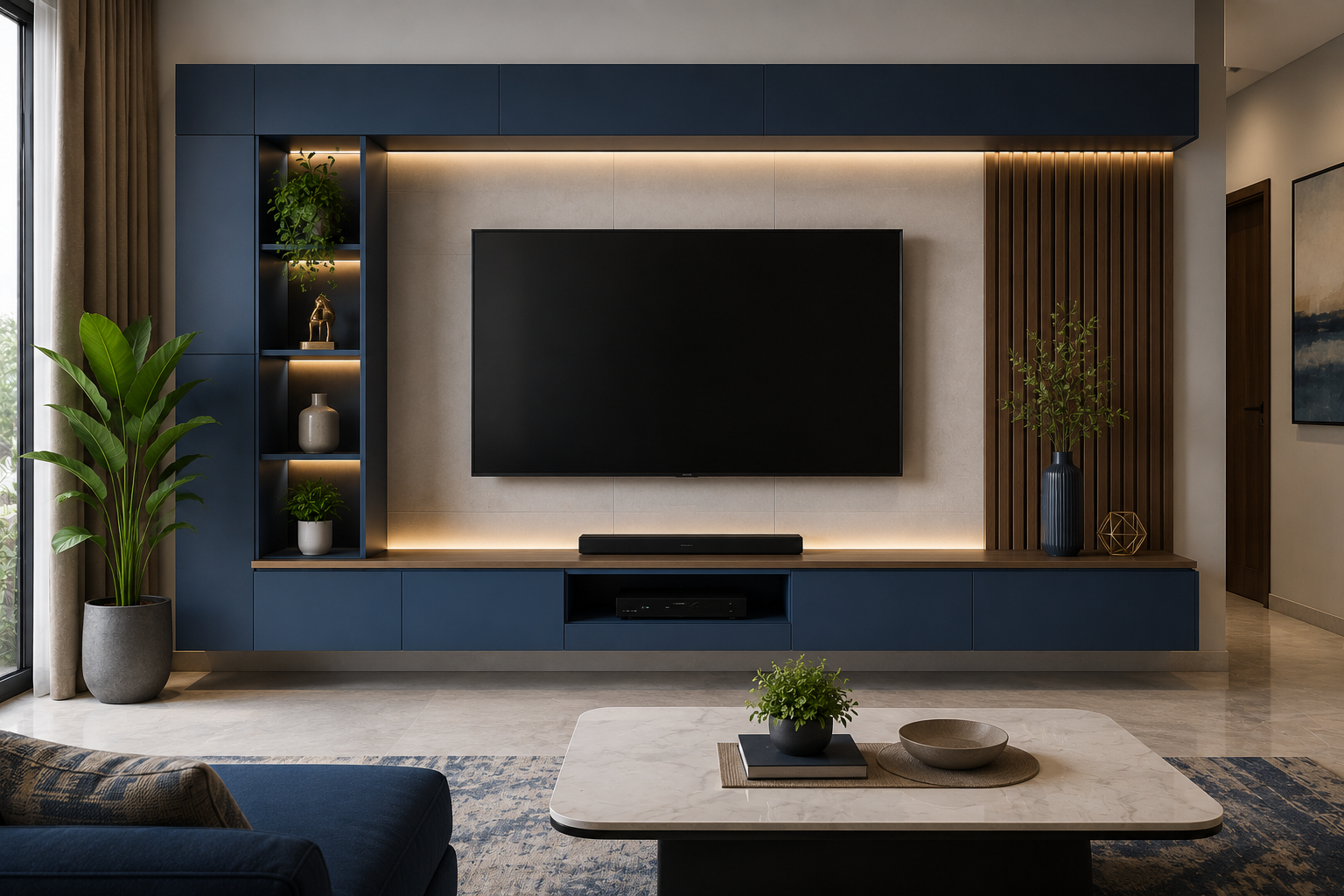 Modern blue TV unit design with premium wall panel and storage