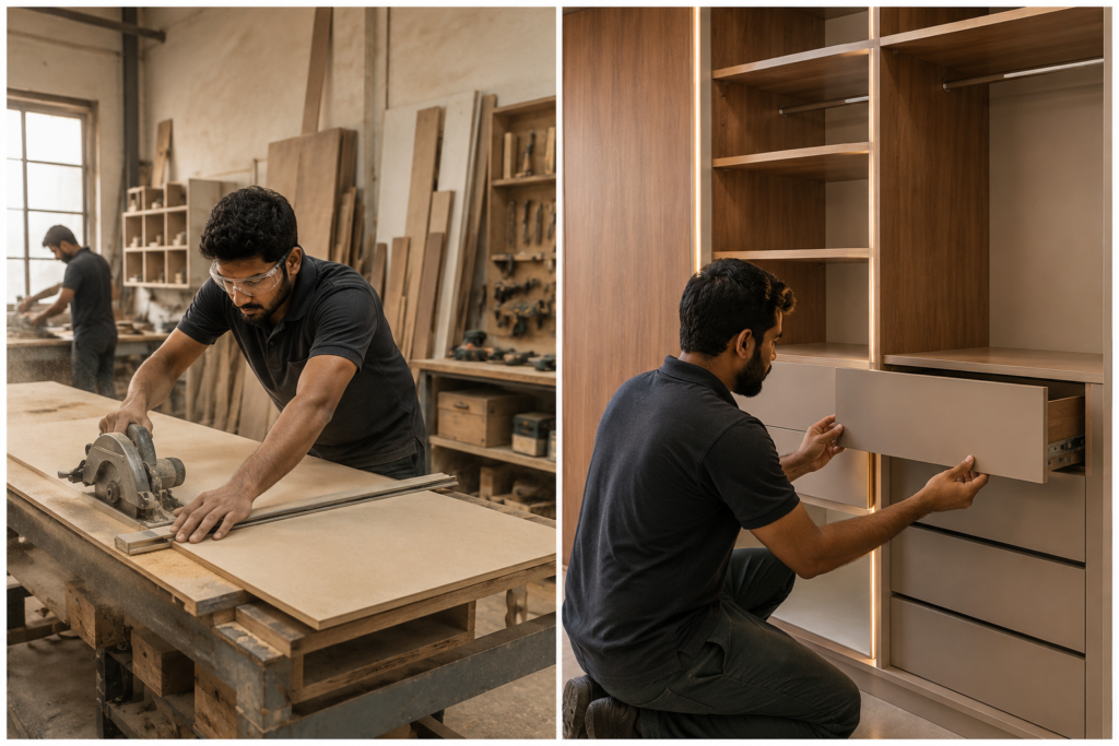 Skilled furniture craftsmen working on custom plywood furniture in workshop