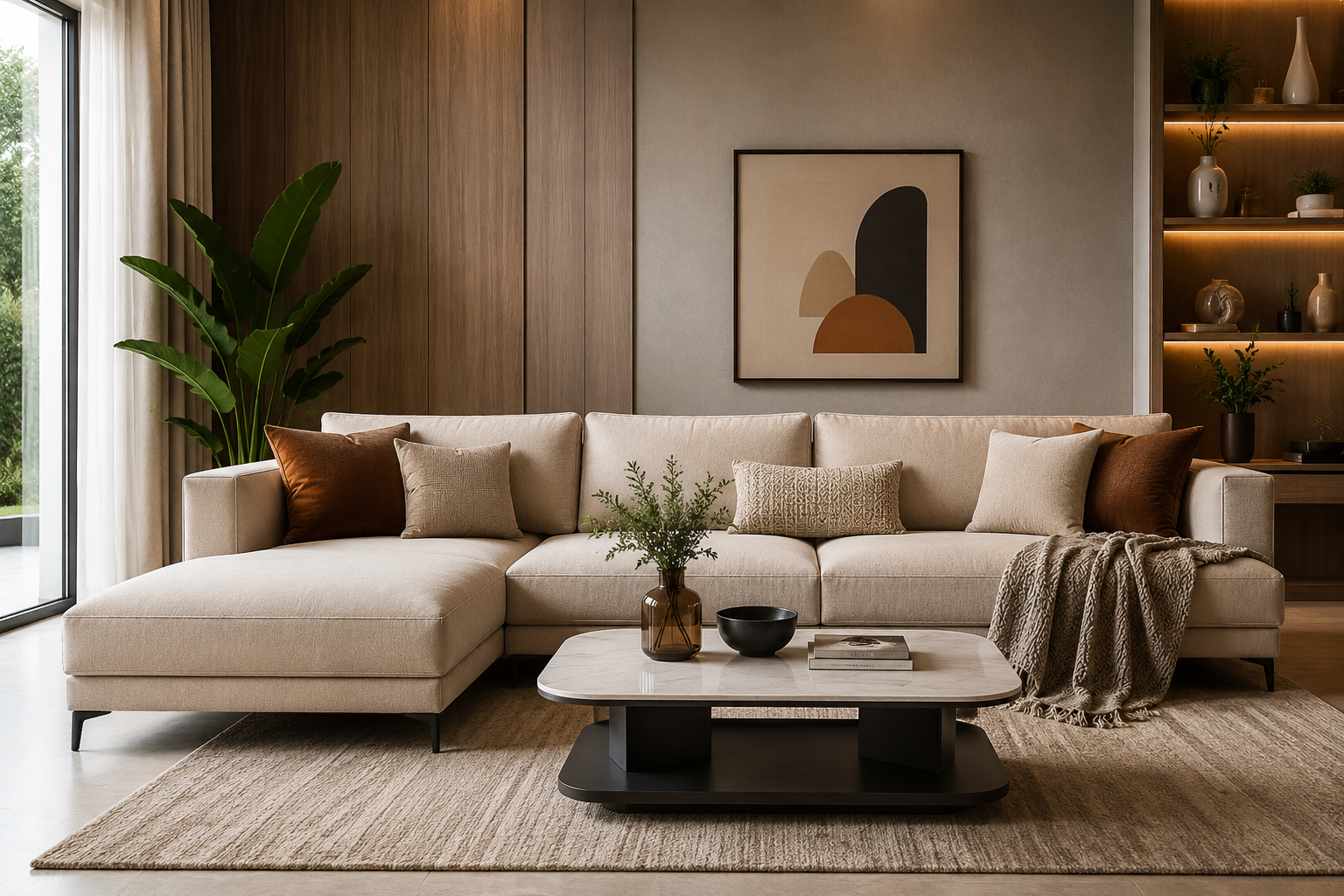 Modern beige custom sofa set in stylish living room interior
