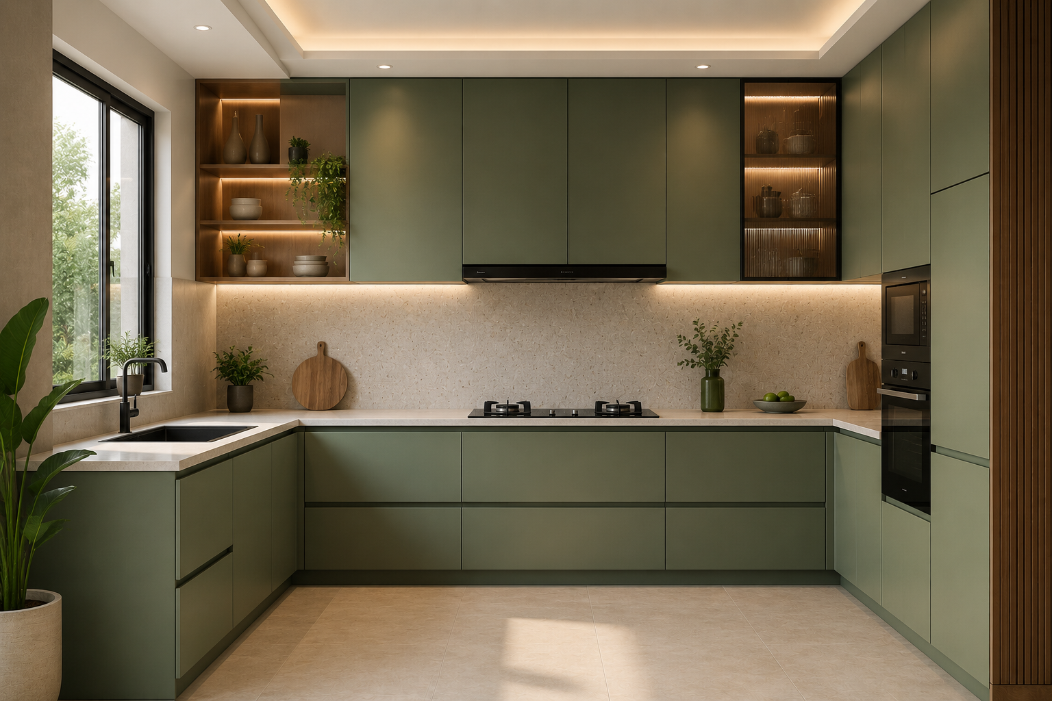 Modern green modular kitchen design with premium sunmica finish
