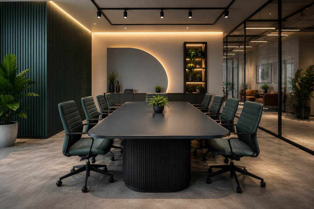 Modern conference table setup with premium office chairs and contemporary office interior design