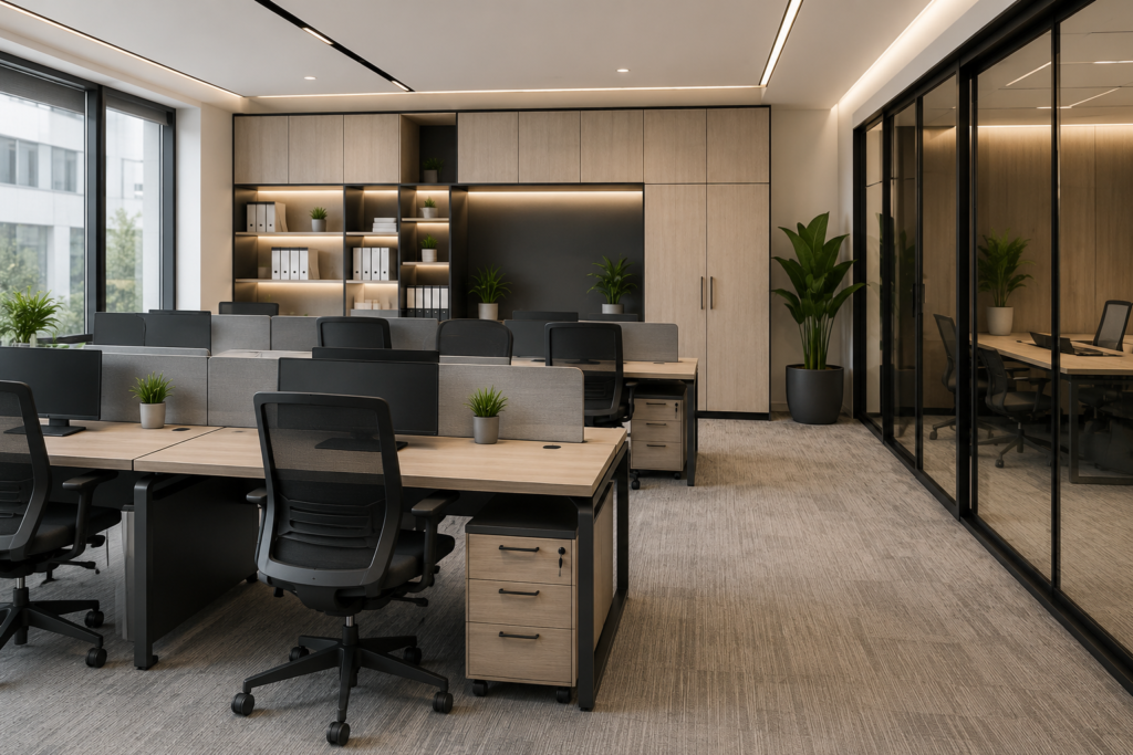 Modern office furniture setup with custom workstations and storage cabinets