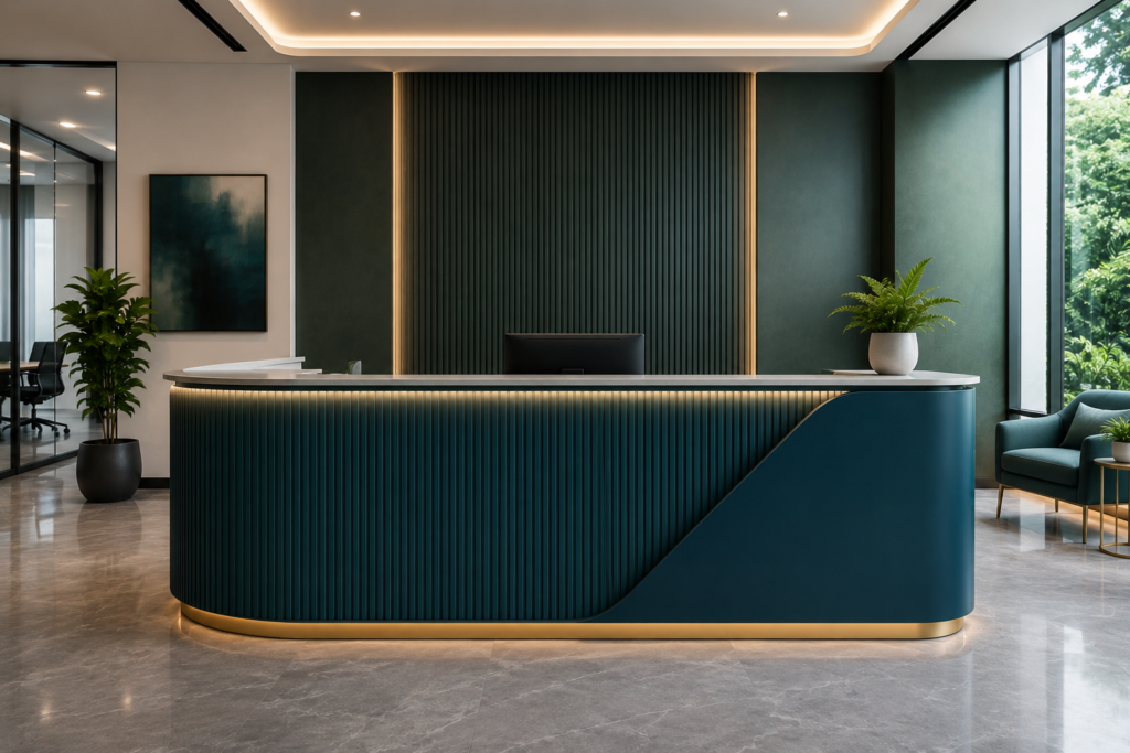 Modern office reception desk with teal blue finish and contemporary commercial interior design