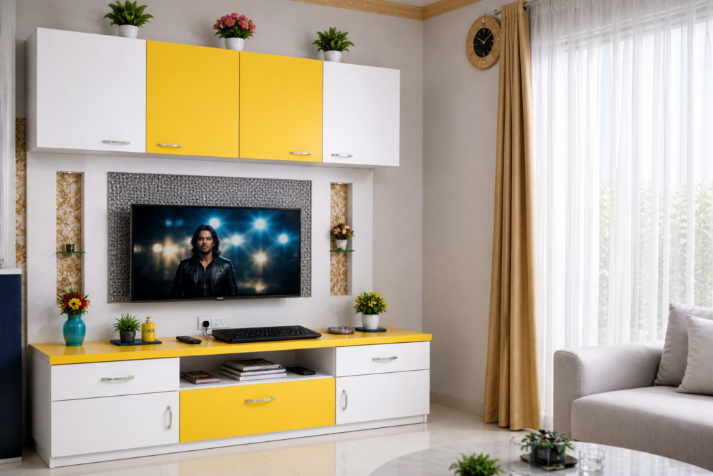 Modern TV unit with yellow and white cabinets, wall-mounted storage, and stylish living room interior