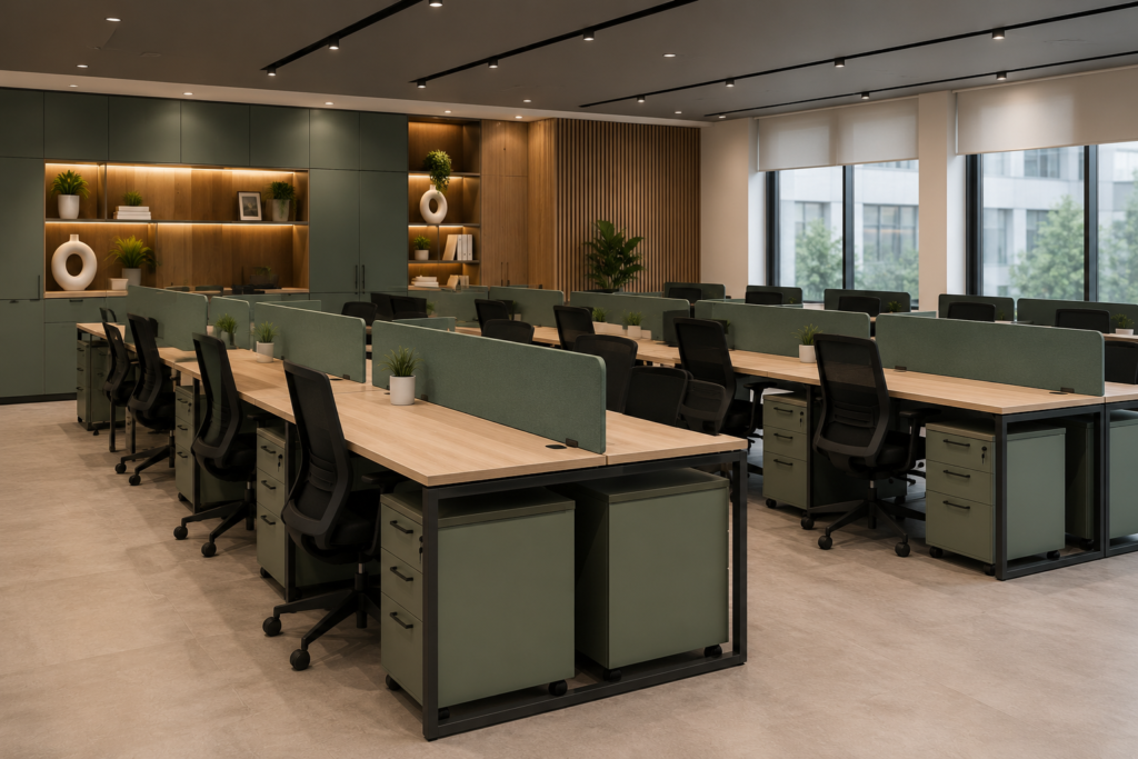 Modern office workstation furniture setup with green partition panels and custom office desks