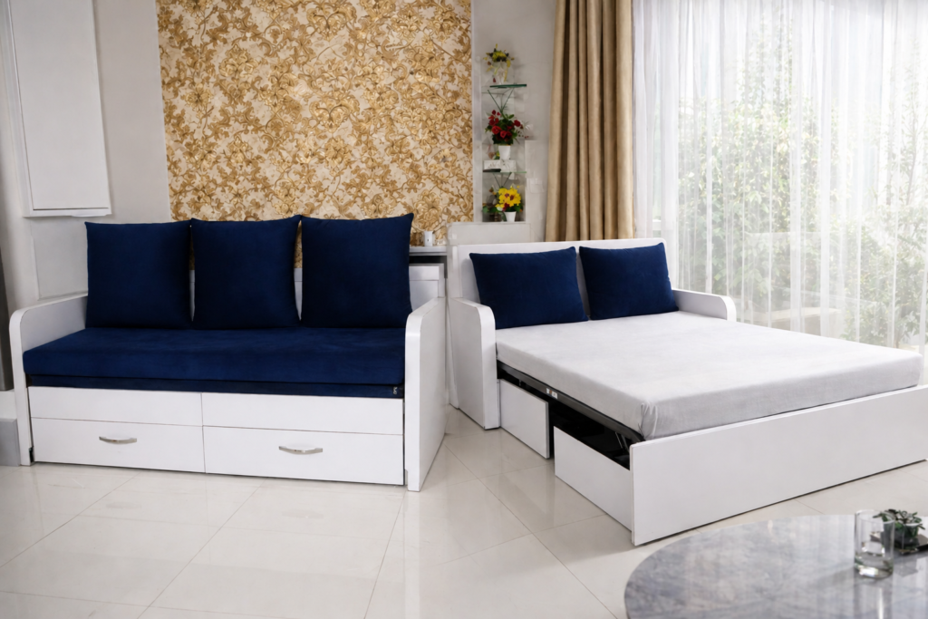 Modern sofa cum bed with storage drawers, convertible design with blue cushions and white frame